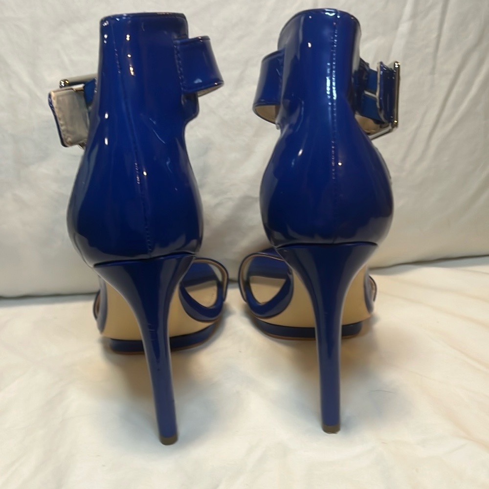 Calvin Klein Patent Leather Blue Heels with Ankle Strap and Buckle - Picture 6 of 9